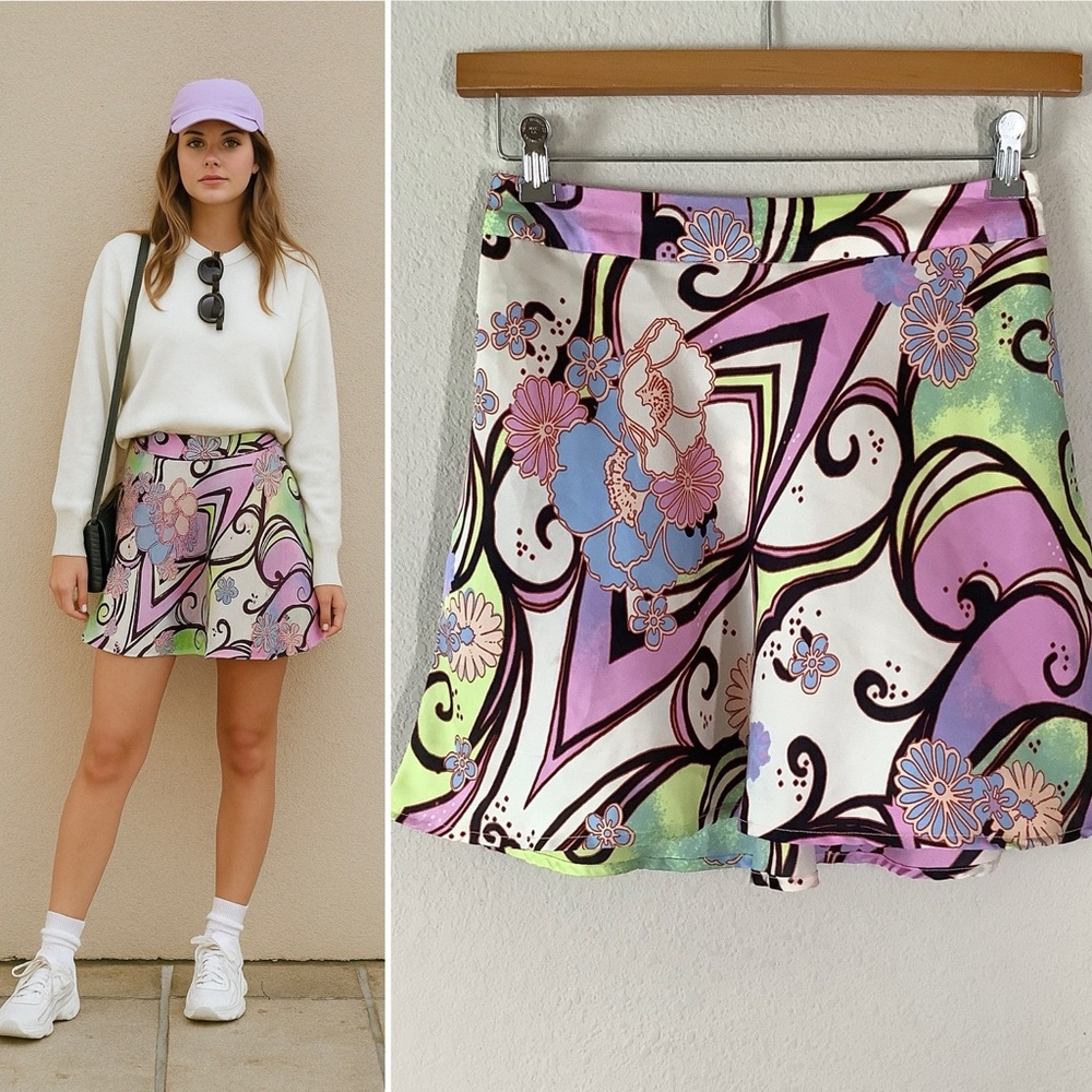 FREE PEOPLE Satin Mini Skirt Dopamine Psychedelic Festival Preppy Vacation Sz 4
